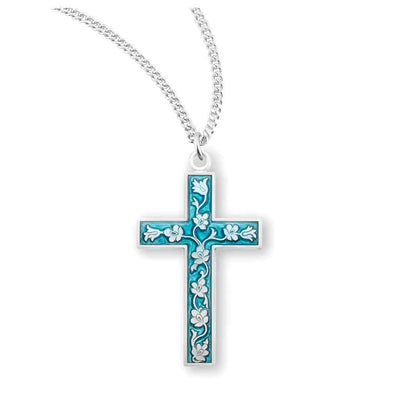 HMH Religious Floral Blue Epoxy Sterling Silver Cross Necklace with 18" stainless steel chain, HMH Religious (view 1)