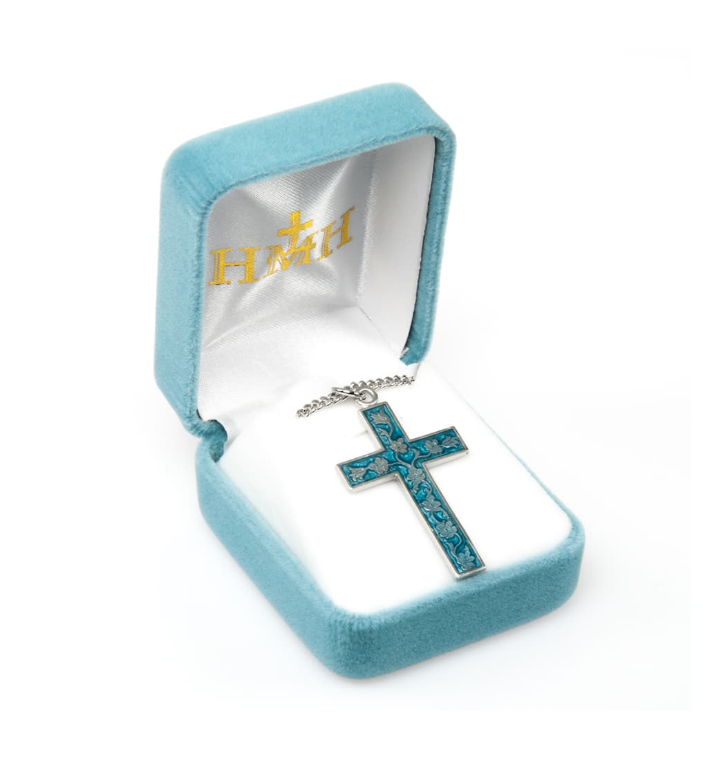 HMH Religious Blue Enameled Sterling Silver Crucifix Necklace in Box,