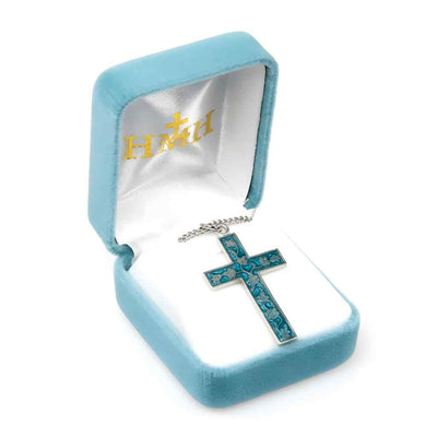 HMH Religious Floral Blue Epoxy Sterling Silver Cross Necklace with 18" stainless steel chain in gift box, HMH Religious (view 3)