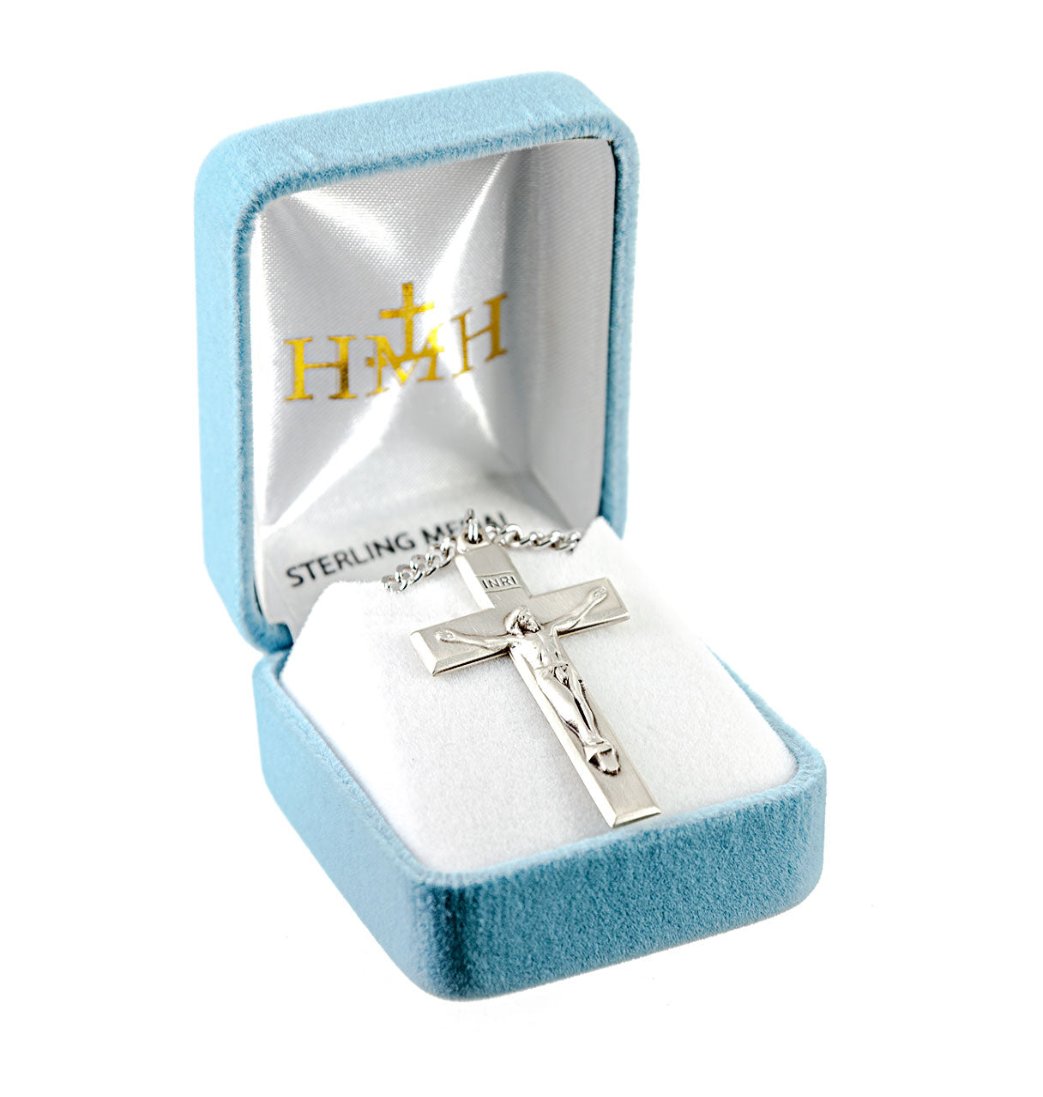 Beveled Edge Sterling Silver Crucifix Necklace in Box