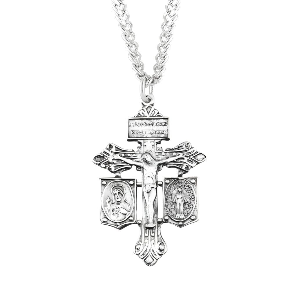 HMH Religious Sterling Silver Pardon Crucifix-Combination Medal, Miraculous and Jesus Scapular Design Crucifix with Stainless Steel Chain, Dimensions: 1.4" x 0.9" (35mm x 23mm).