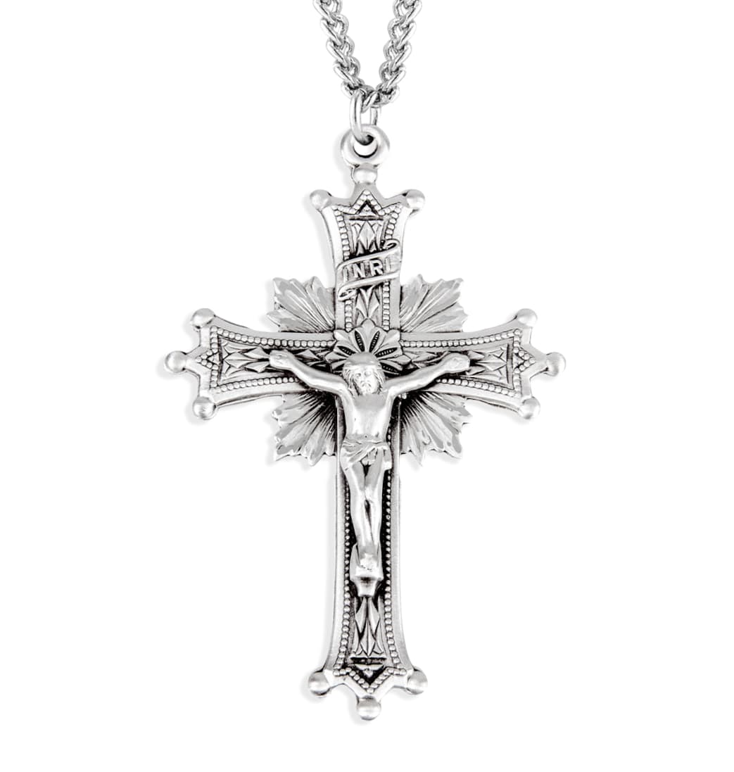 HMH Religious Large Sunburst Sterling Silver Medal Crucifix with Chain,