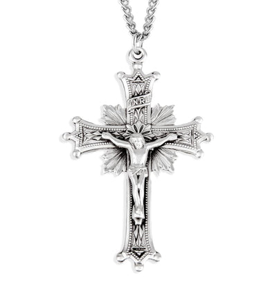 Large Sunburst Sterling Silver Medal Crucifix with Chain, HMH Religious