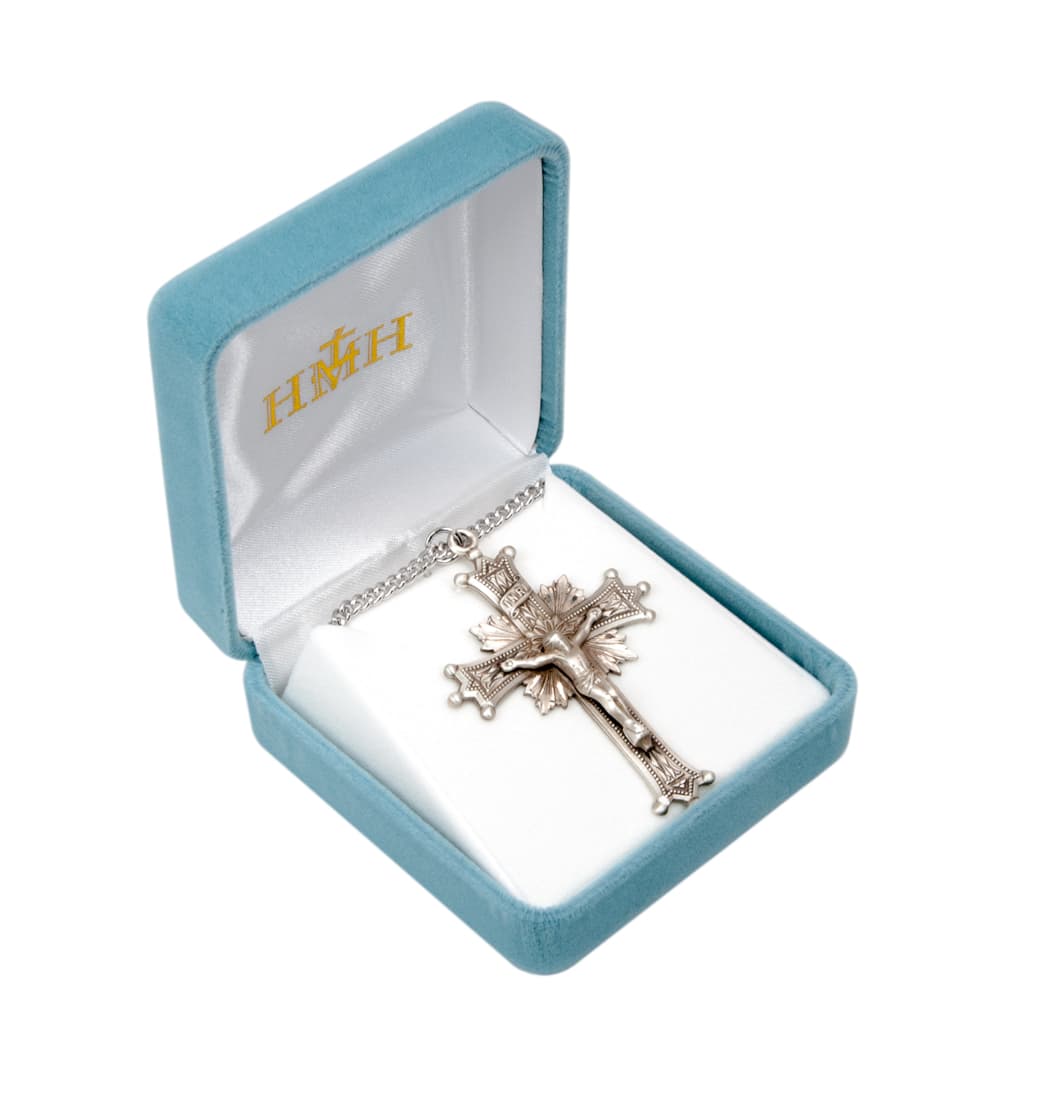 HMH Religious Large Sunburst Sterling Silver Medal Crucifix in Box,