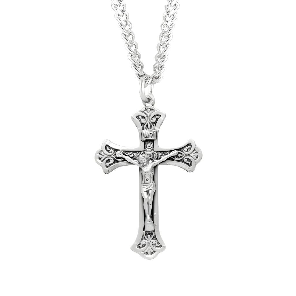 Small Flared Design Sterling Silver Crucifix with Stainless Steel Chain, Dimensions: 1.4" x 0.9", HMH Religious