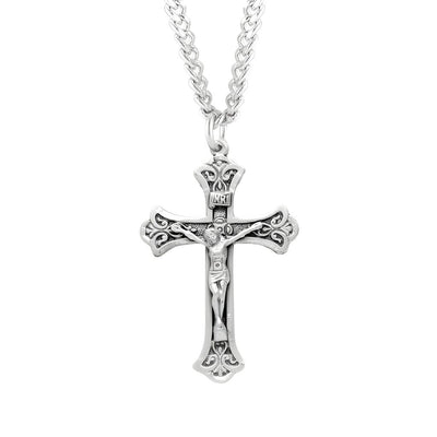 Small Flared Design Sterling Silver Crucifix with Stainless Steel Chain, Dimensions: 1.4" x 0.9", HMH Religious