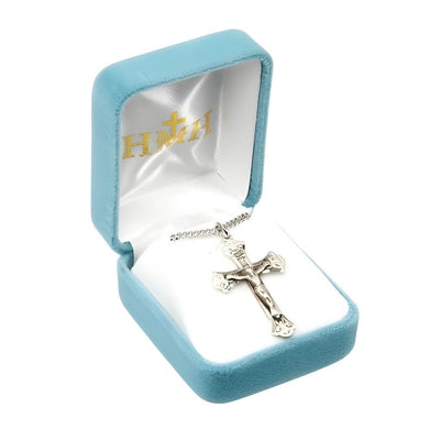 Small Flared Design Sterling Silver Crucifix with Stainless Steel Chain in Gift Box, Dimensions: 1.4" x 0.9", HMH Religious
