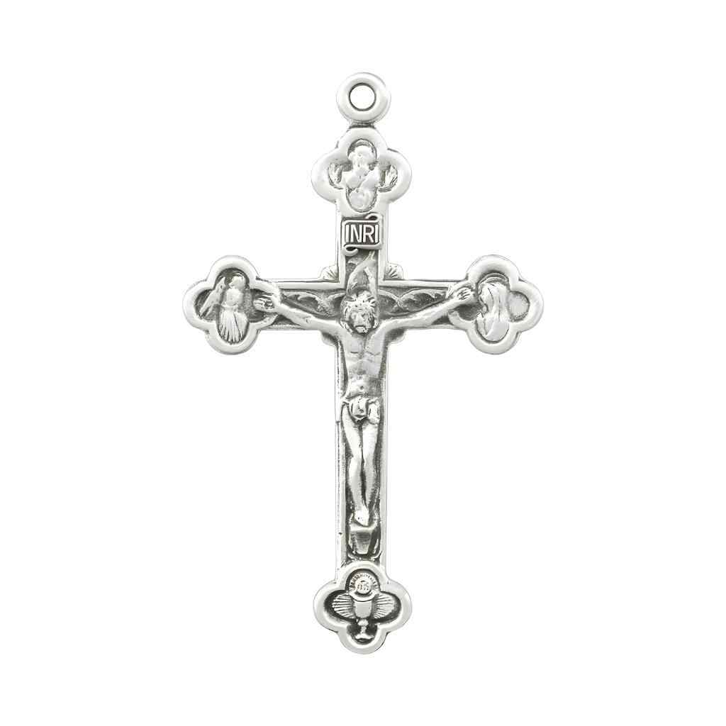 Budded sterling silver medal crucifix pendant and features INRI, St. Joseph, Mary, Angel and Communion Chalice. (view 2)