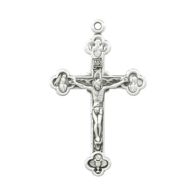 Budded sterling silver medal crucifix pendant and features INRI, St. Joseph, Mary, Angel and Communion Chalice. (view 2)