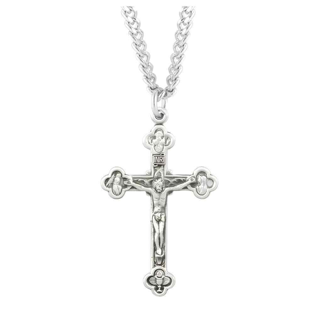 Budded sterling silver medal crucifix with 24" stainless steel chain and features INRI, St. Joseph, Mary, Angel and Communion Chalice. (view 1)