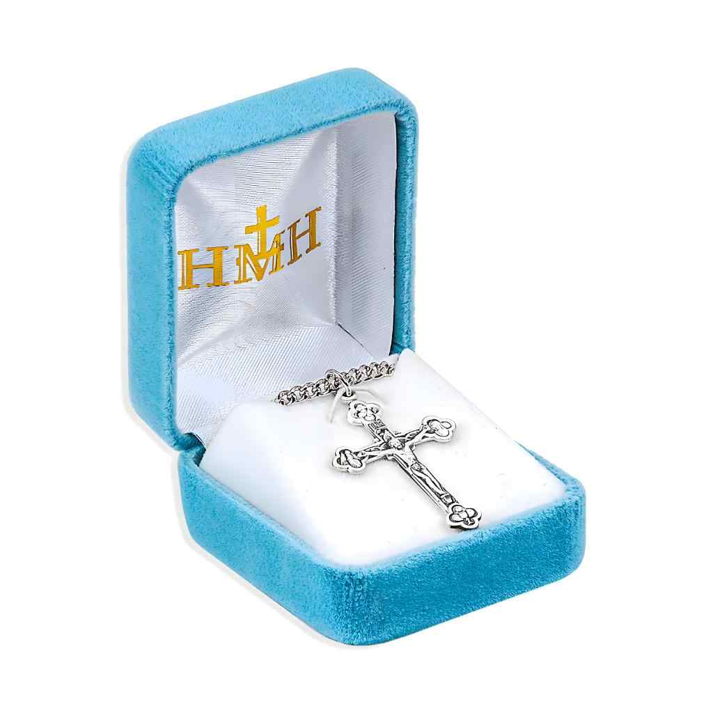 Budded sterling silver medal crucifix pendant and features INRI, St. Joseph, Mary, Angel and Communion Chalice in gift box (view 3)