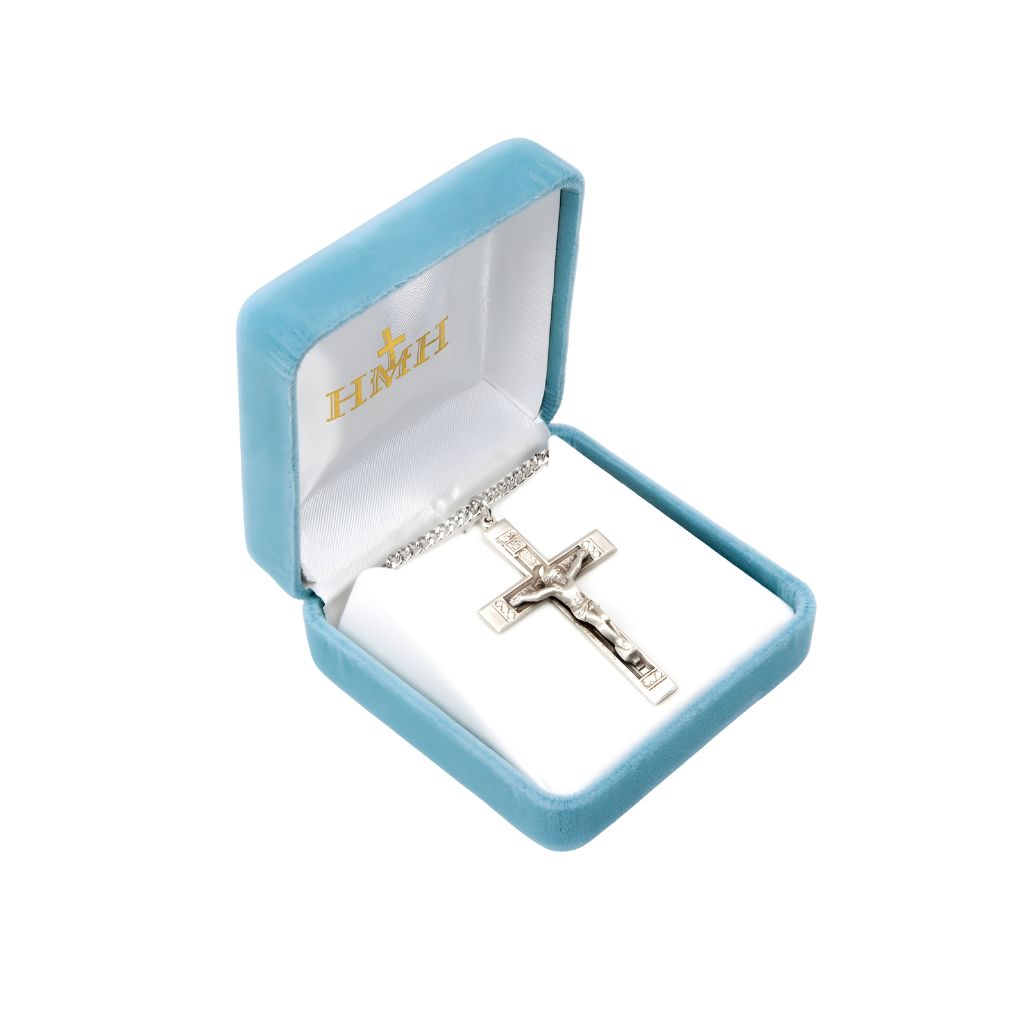Floral Design Sterling Silver Crucifix Medal Necklace with 24" Stainless Steel Endless Chain in Gift Box, Measures 1.8" x 1.1",