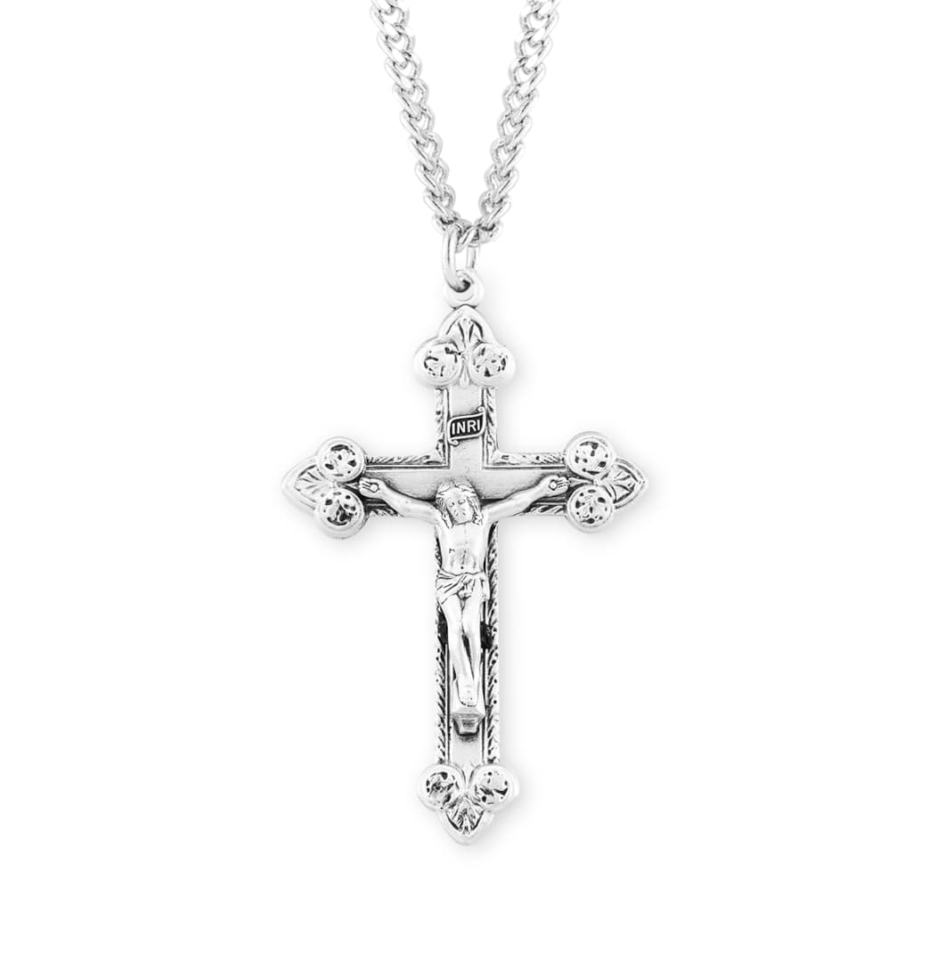 HMH Religious Large Scrolled Leaf Design Sterling Silver Medal Crucifix