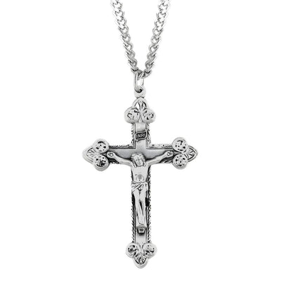 Large Scrolled Leaf Design Sterling Silver Crucifix and Stainless Steel Chain, HMH Religious