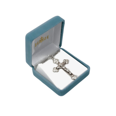 Large Scrolled Leaf Design Sterling Silver Crucifix and Stainless Steel Chain with Gift Box, HMH Religious