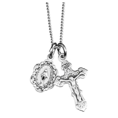 Baroque Style Miraculous and Filigree Crucifix Pendant Set in Sterling Silver and 18" Rhodium-Plated Chain (View 1)