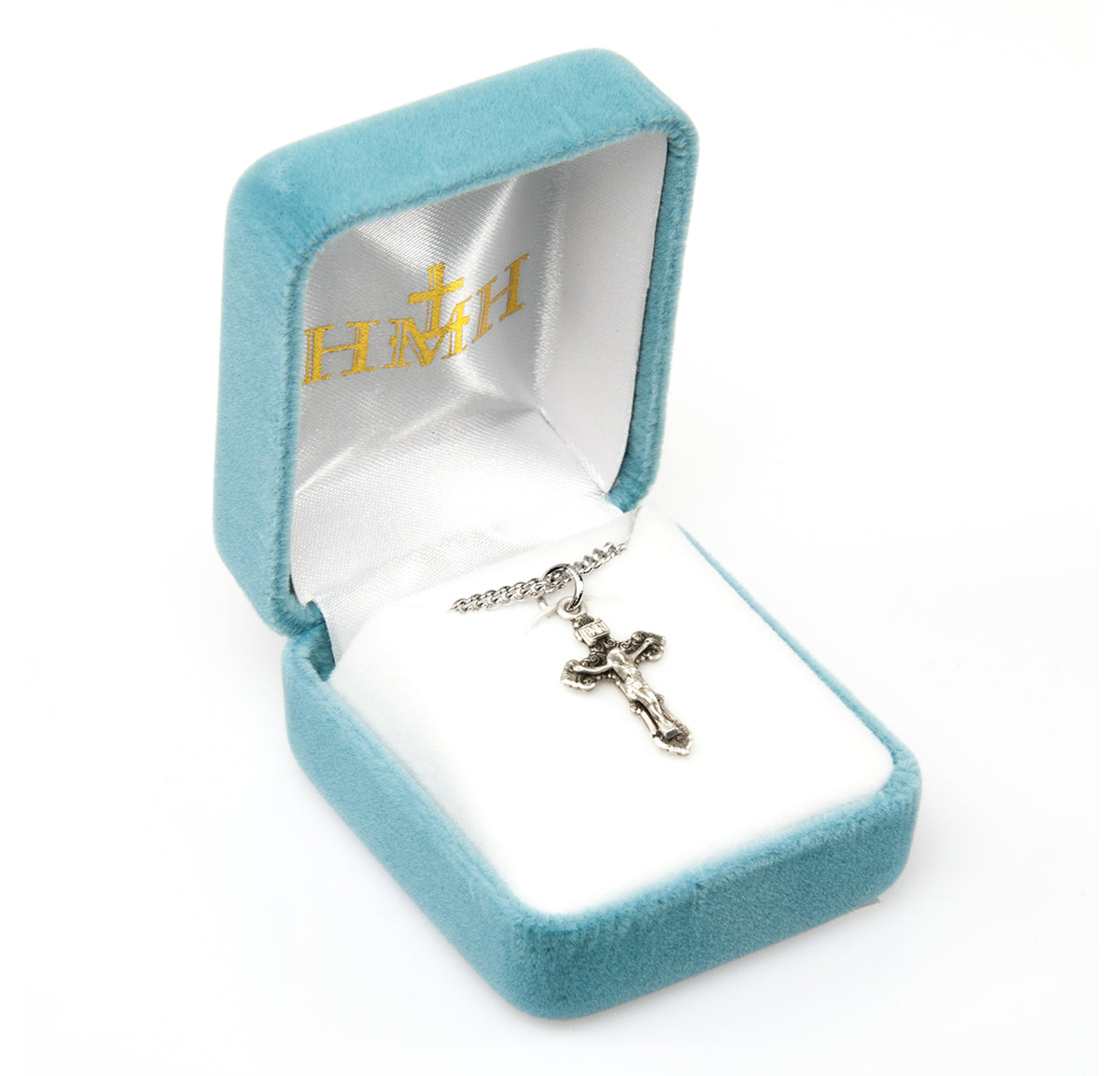 Small Fancy Filigree Sterling Silver Medal Crucifix Necklace in Box