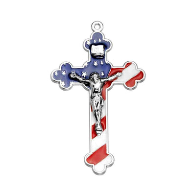 American Flag Red, White and Blue Epoxy Design Sterling Silver Crucifix Medal