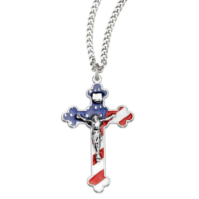American Flag Red, White and Blue Epoxy Design Sterling Silver Crucifix Medal Necklace with 24" Endless Stainless Steel Chain