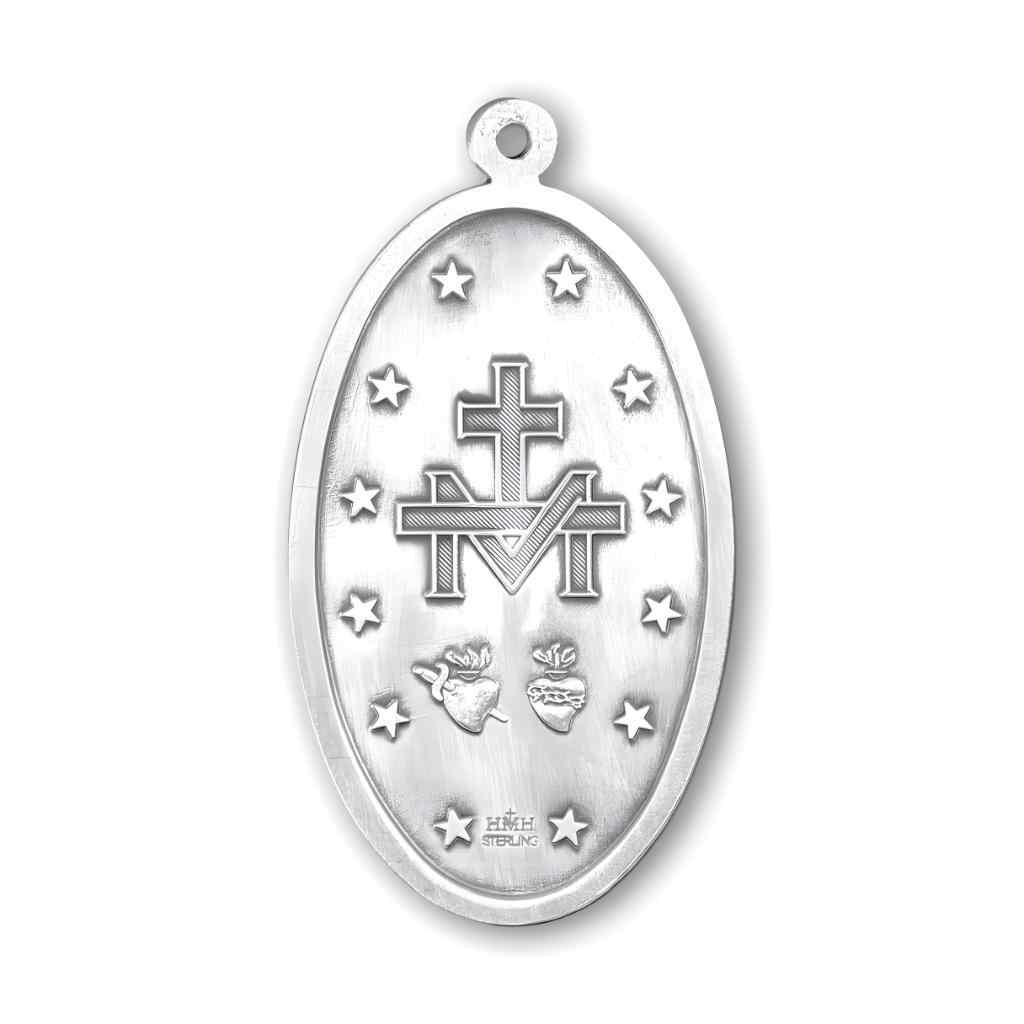 The back of the HMH Religious large oval .925 sterling silver Miraculous Medal