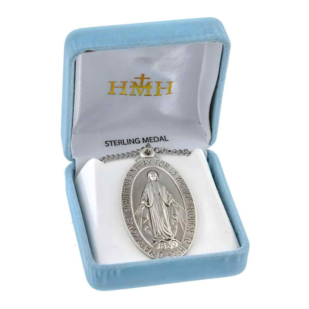 HMH Religious large oval .925 sterling silver Miraculous Medal necklace in gift box
