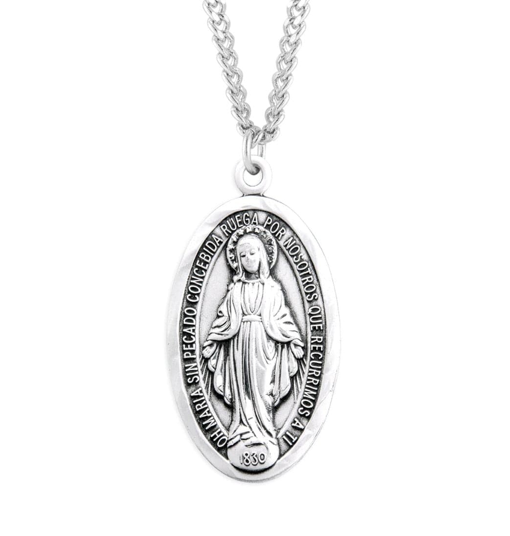 HMH Religious Sterling Silver Spanish Oval Miraculous Medal Necklace,