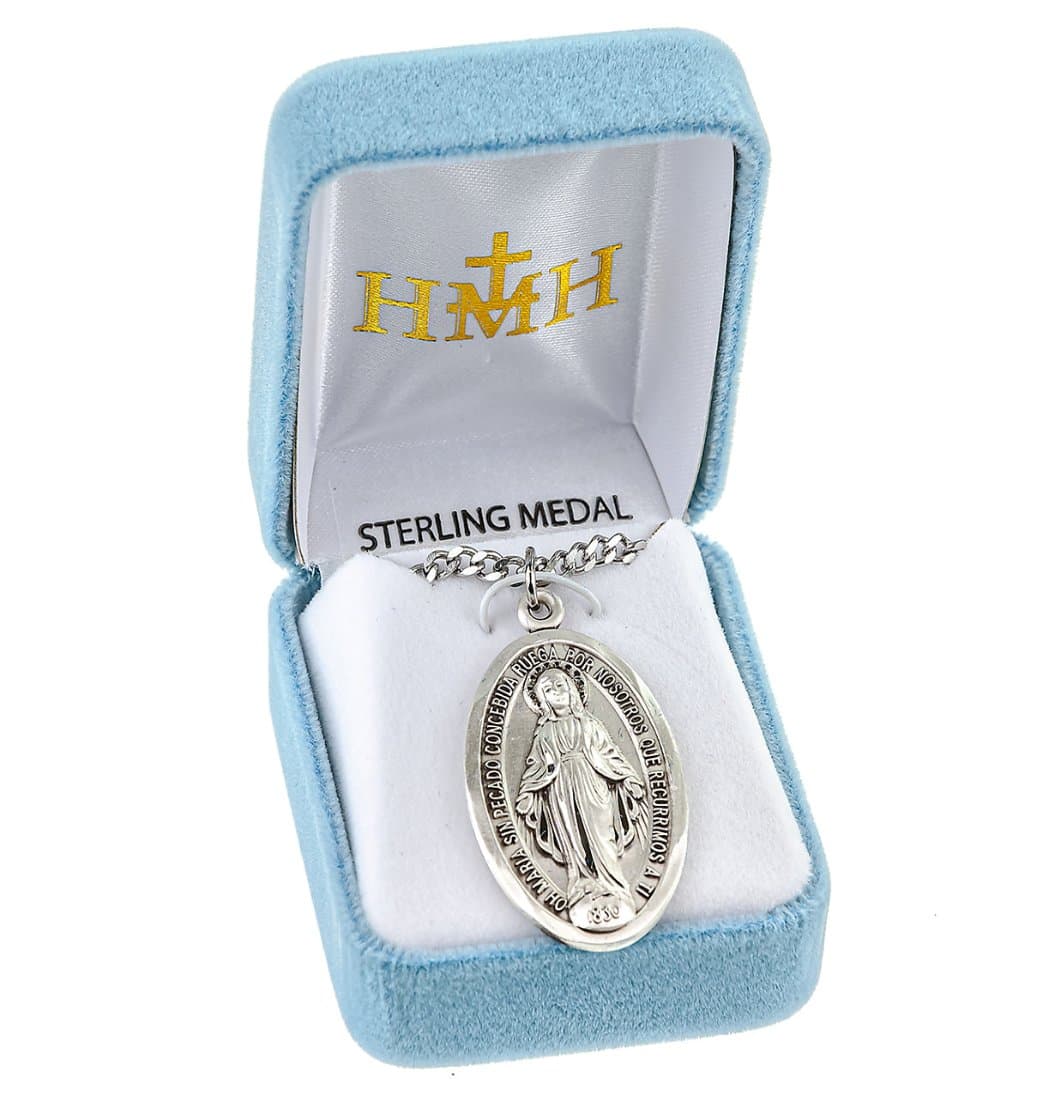 HMH Religious Sterling Silver Spanish Oval Miraculous Medal Necklace in Box,