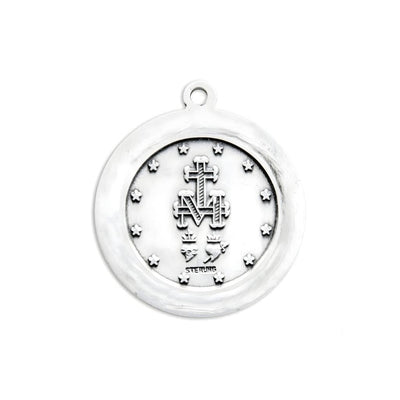 Back of the Large Sterling Silver Miraculous Medal 1.3-inch Round Necklace with Chain, HMH Religious