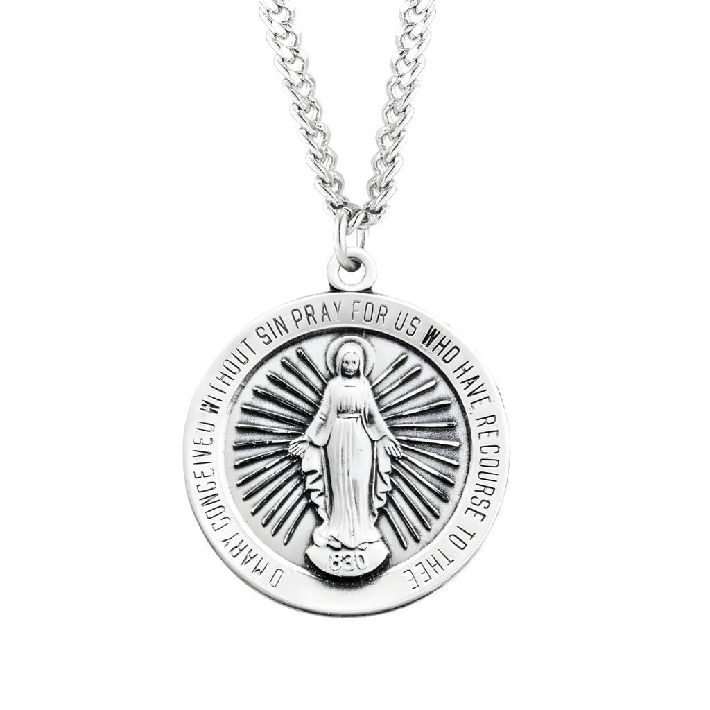Large Sterling Silver Miraculous Medal 1.3-inch Round Necklace with Chain. Made in USA by HMH Religious.