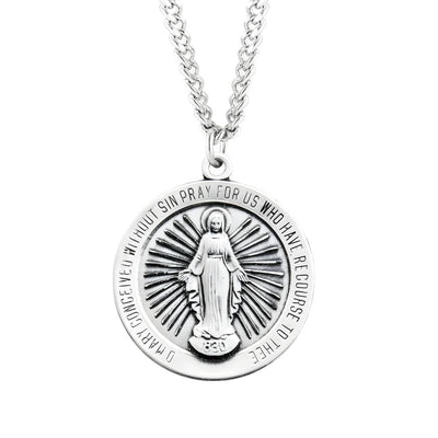 Large Sterling Silver Miraculous Medal 1.3-inch Round Necklace with Chain, HMH Religious
