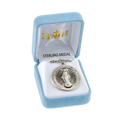 Large Sterling Silver Miraculous Medal 1.3-inch Round Necklace., chain and gift box included, HMH Religious