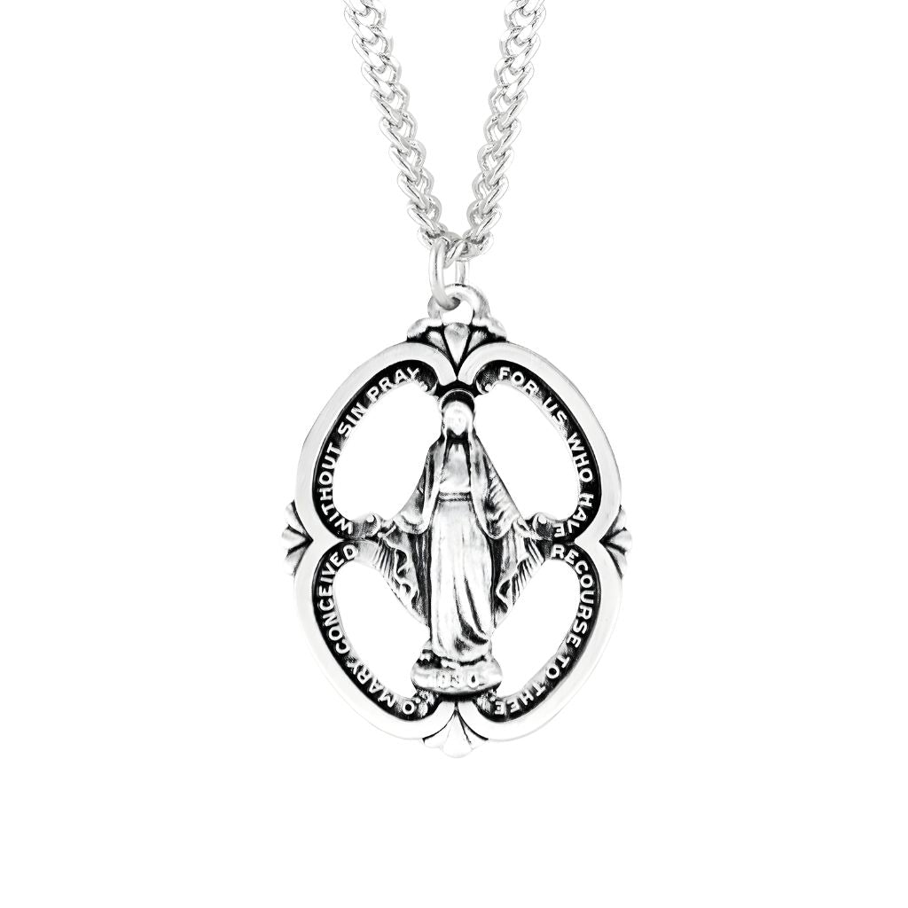 Pierced Double Sided Miraculous Sterling Silver Medal Necklace with Chain. Made in USA by HMH Religious.