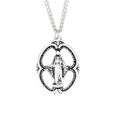 Pierced Double Sided Miraculous Sterling Silver Medal Necklace with Chain, HMH Religious