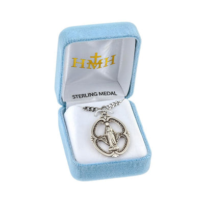 Pierced Double Sided Miraculous Sterling Silver Medal Necklace with Chain., Gift box included, HMH Religious