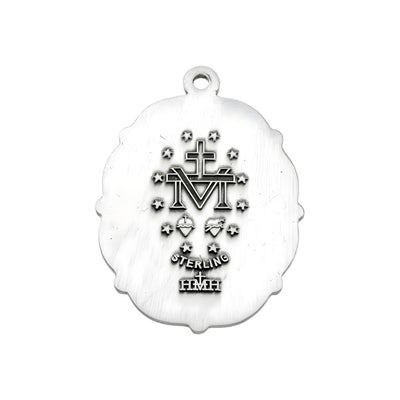 Back of the Sterling Silver Flower Scallop Frame Miraculous Medal Necklace., chain and gift box included, HMH Religious