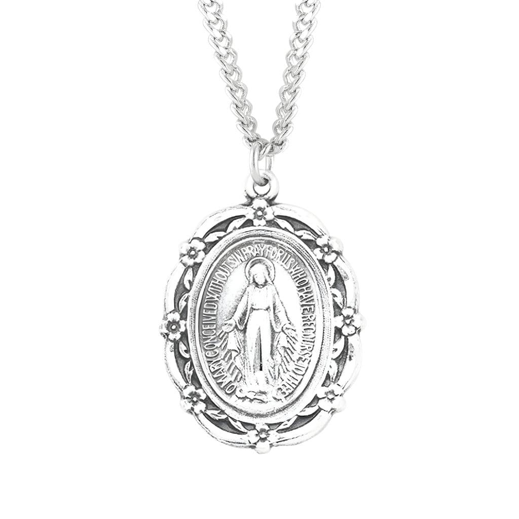 Sterling Silver Flower Scallop Frame Miraculous Medal Necklace with Chain. Made in USA by HMH Religious.