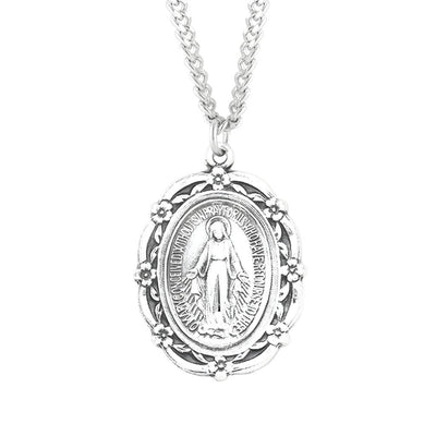 Sterling Silver Flower Scallop Frame Miraculous Medal Necklace with Chain, HMH Religious