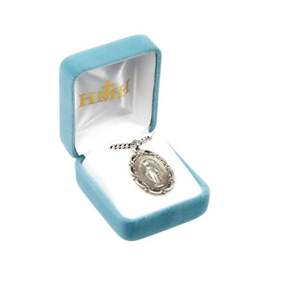 Sterling Silver Flower Scallop Frame Miraculous Medal Necklace., chain and gift box included, HMH Religious