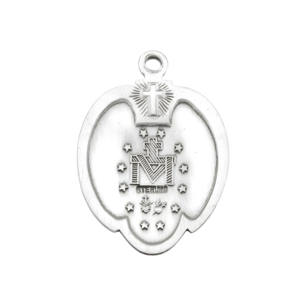 Back of the Miraculous with Angels Sterling Silver Medal Necklace with Chain. Made in USA by HMH Religious.