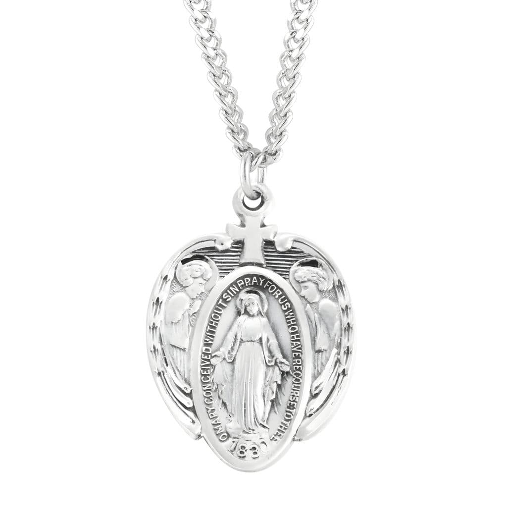 Miraculous with Angels Sterling Silver Medal Necklace with Chain. Made in USA by HMH Religious.