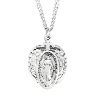 Miraculous with Angels Sterling Silver Medal Necklace with Chain, HMH Religious