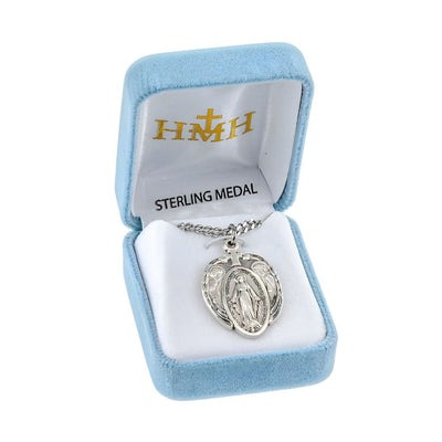 Miraculous with Angels Sterling Silver Medal Necklace., chain and gift box included, HMH Religious