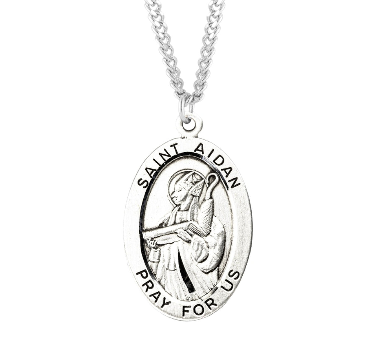 St Aidan Large Oval Sterling Silver Saint Medal with Plated Chain,