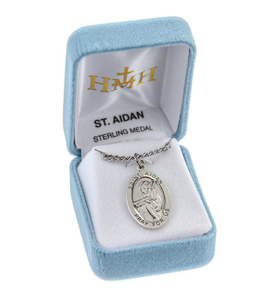 St Aidan Large Oval Sterling Silver Saint Medal with Plated Chain in Gift Box, HMH Religious