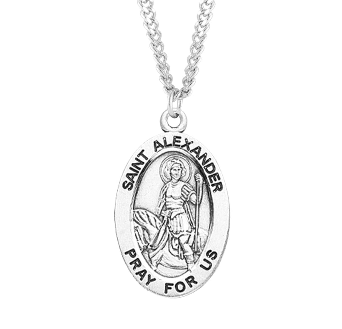 St Alexander Large Oval Sterling Silver Saint Medal with Plated Chain,