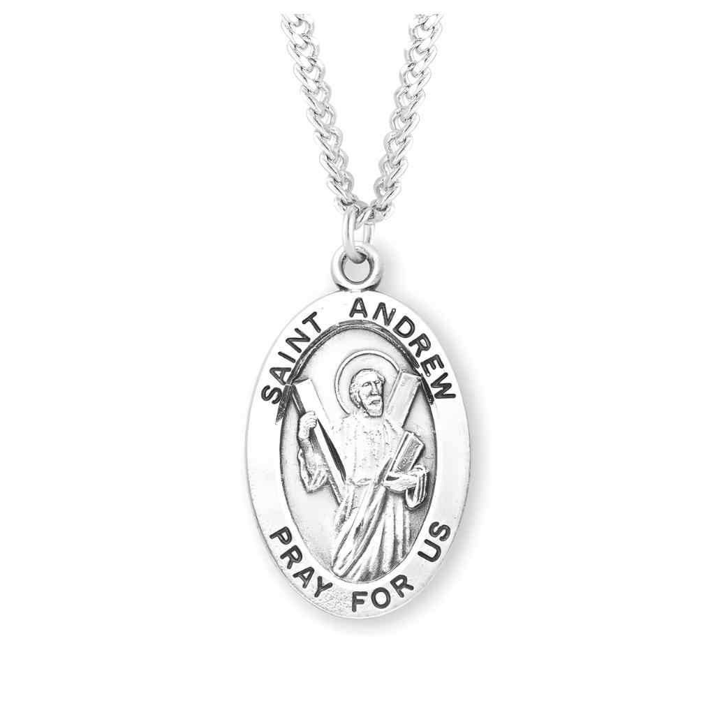 St Andrew the Apostle Large Oval Sterling Silver Saint Medal with 24" Stainless Steel Chain in Gift Box, HMH Religious