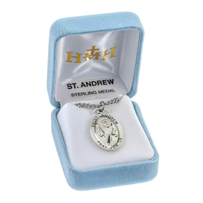 St Andrew the Apostle Large Oval Sterling Silver Saint Medal with 24" Stainless Steel Chain in Gift Box, HMH Religious