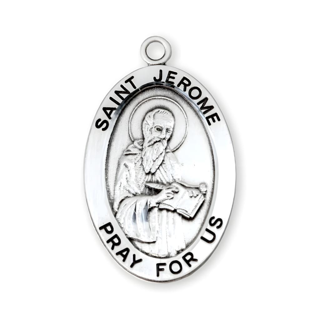 Front of Large St. Jerome sterling silver pendant, USA-made. (view 2)