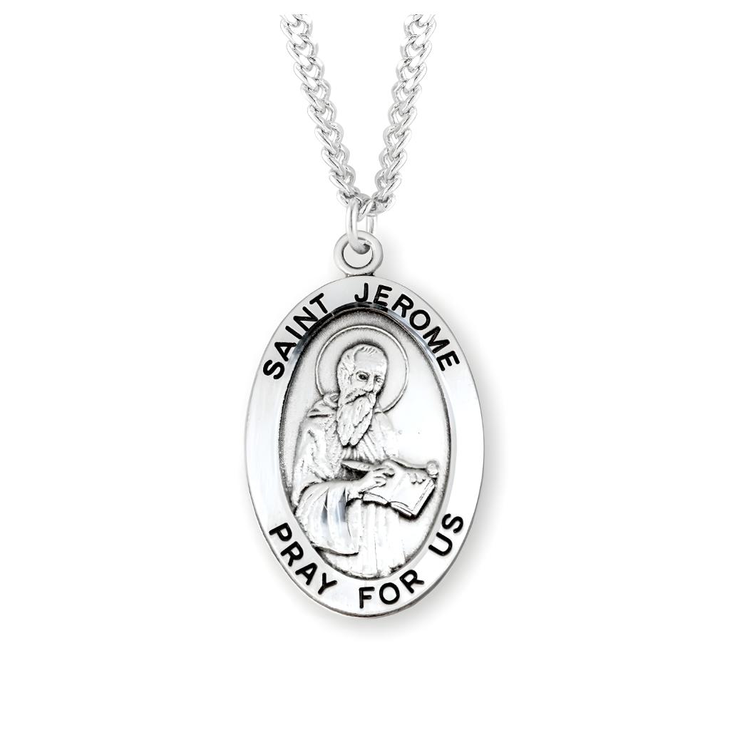 Large St. Jerome sterling silver necklace with 24" stainless steel chain, USA-made. (view 1)