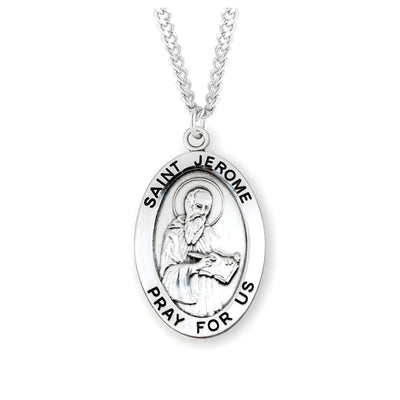 Large St. Jerome sterling silver necklace with 24" stainless steel chain, USA-made. (view 1)